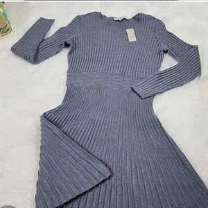 NWT Merino Wool Blend Gray Long Sleeved Cable Knit Design Sweater Dress